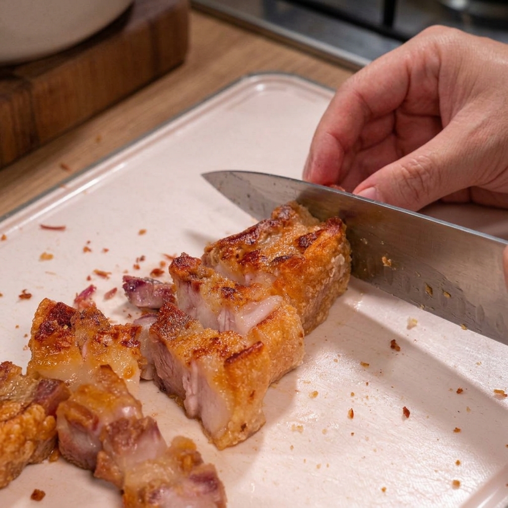 Une main utilisant un couteau bien aiguisé pour couper la poitrine de porc dorée et croustillante en bouchées régulières sur une planche blanche.