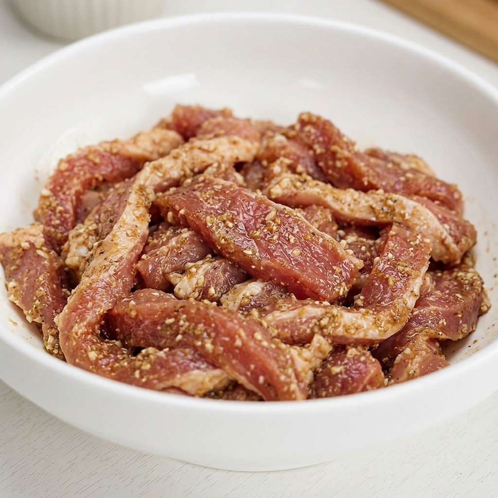 Lanières de porc enrobées dune couche épaisse et collante de fécule de patate douce et dassaisonnements dans un bol blanc.
