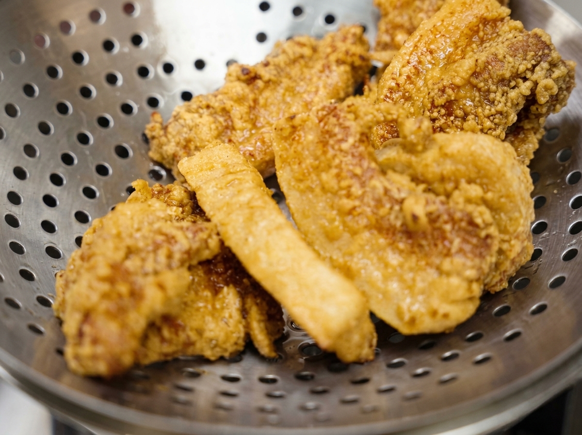 Une écumoire en métal retenant plusieurs morceaux de porc frit bien dorés en train dégoutter au-dessus de la poêle.