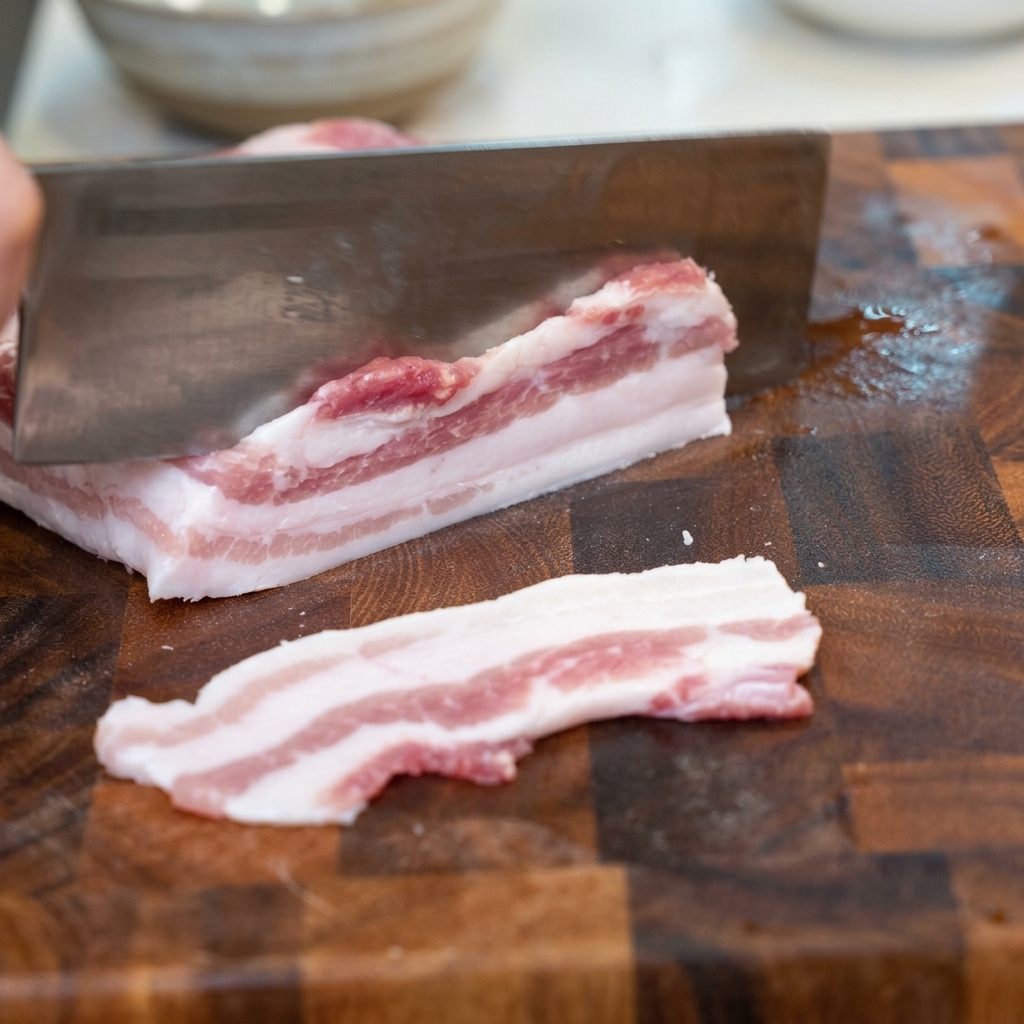 Un couteau bien aiguisé coupant une pièce de poitrine de porc crue sur une planche en bois sombre.