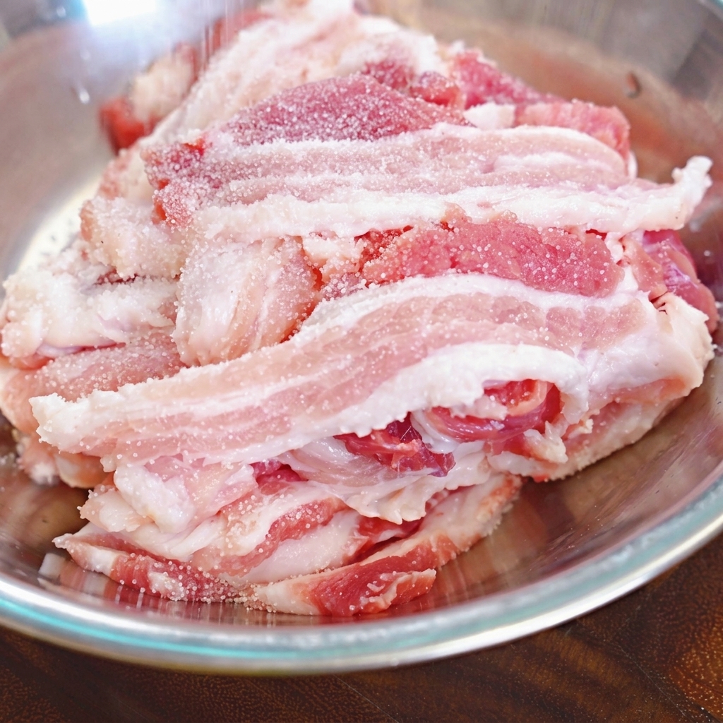 Des grains de sel fin saupoudrés sur des tranches de poitrine de porc crue dans un bol en inox.