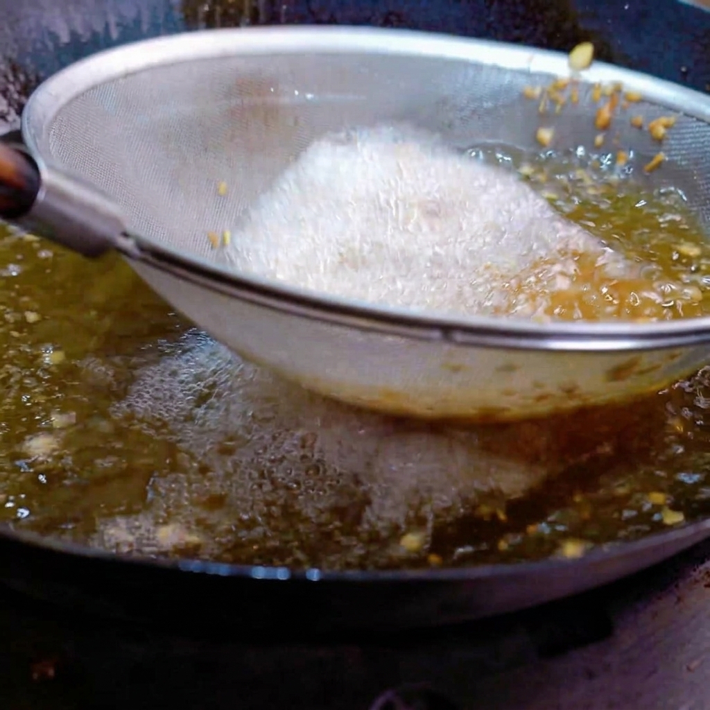 Ail haché en train de frire dans une passoire métallique immergée dans de lhuile de cuisson chaude.