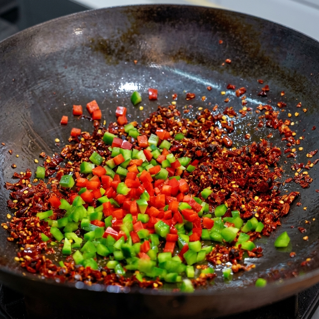 Dés de piments rouges et verts sautés avec des flocons de piment séché et des haricots noirs dans un wok sombre.