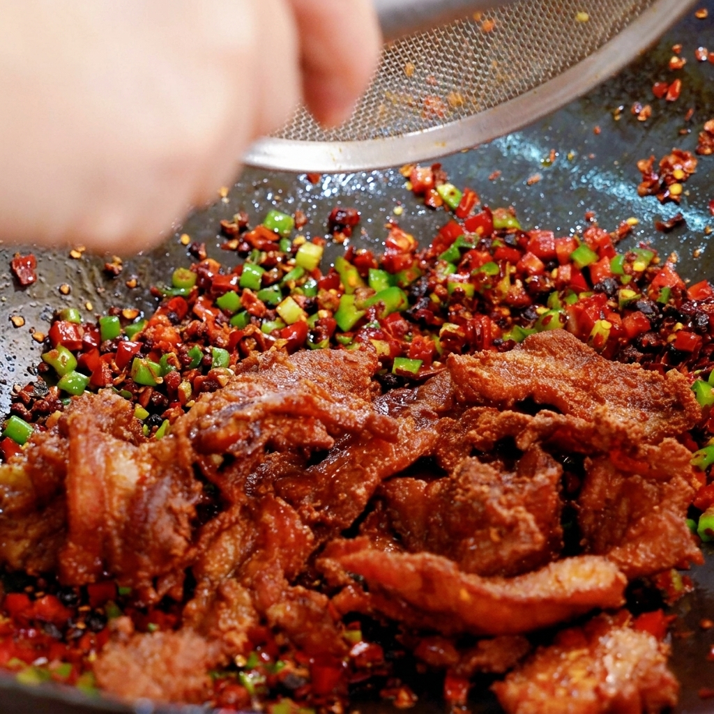 Morceaux de poitrine de porc croustillants ajoutés depuis une passoire dans un wok contenant les piments sautés.