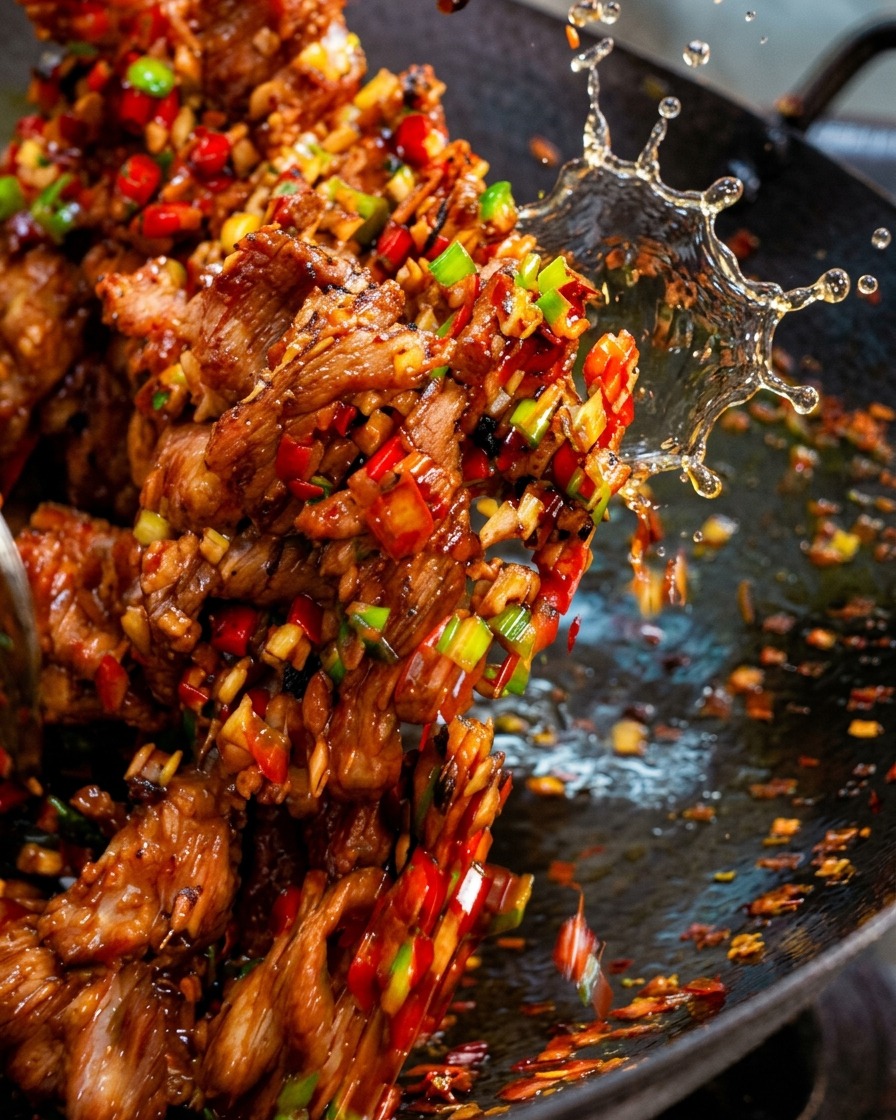 Tranches de poitrine de porc et piments colorés sautés dynamiquement dans un wok sur une flamme vive.