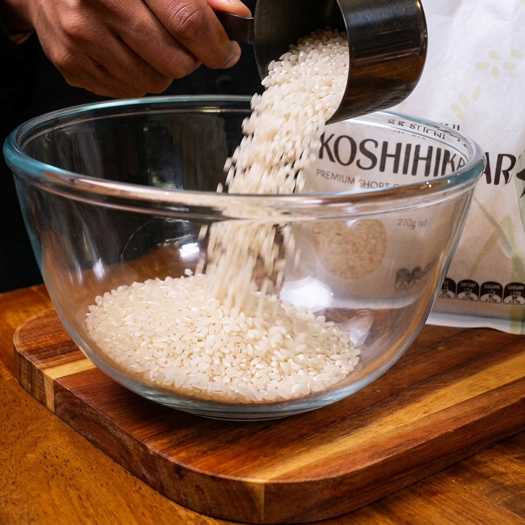 Une personne versant du riz à sushi blanc à grain court depuis un gobelet doseur en métal vers un bol en verre transparent.