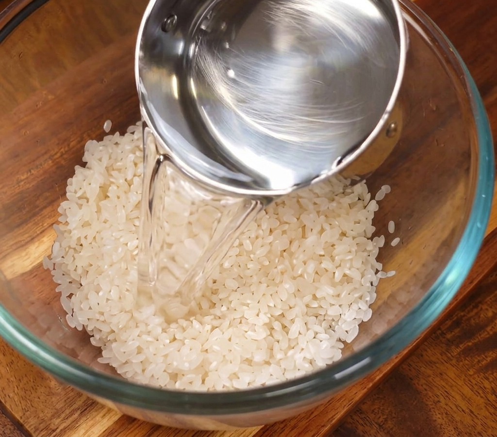 De leau claire versée depuis un verre doseur en acier inoxydable dans un bol en verre contenant du riz blanc lavé.