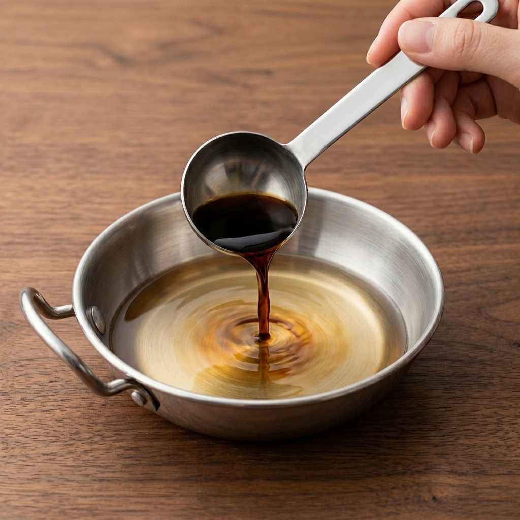 De la sauce soja foncée versée depuis une cuillère doseuse en acier inoxydable dans une petite casserole contenant du saké limpide et du mirin.
