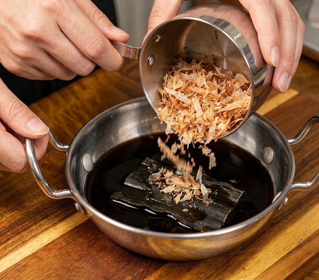 Une main versant des flocons de bonite séchée depuis un récipient en inox dans une casserole contenant de la sauce soja et un carré de kombu.