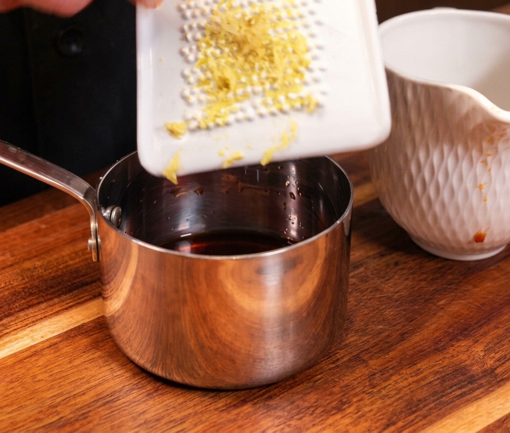 Du gingembre jaune fraîchement râpé ajouté depuis une râpe blanche dans une petite casserole contenant une sauce foncée à base de soja.