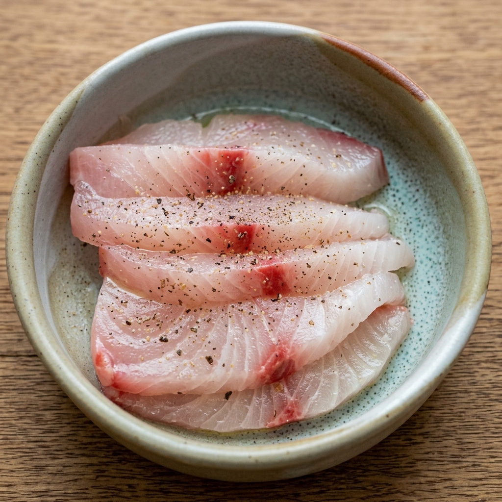Des tranches de sériole crue disposées proprement dans un bol, assaisonnées de poivre noir concassé et dun léger filet dhuile et de jus de citron.