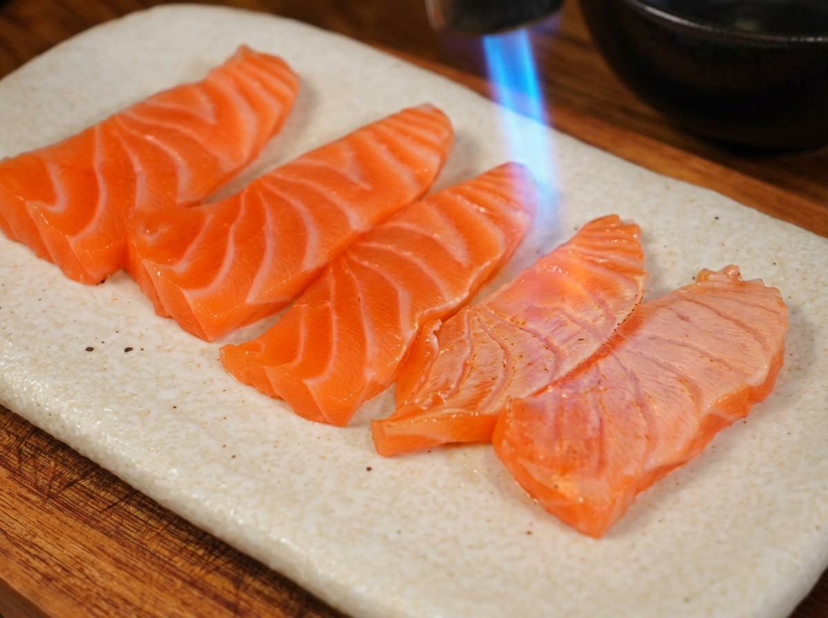 La flamme bleue dun chalumeau de cuisine saisissant la surface de tranches épaisses de saumon orange disposées sur une assiette blanche texturée.