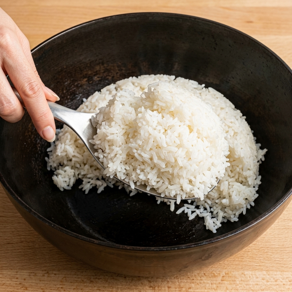 Une main utilisant une grande cuillère en métal pour déposer du riz à sushi blanc et aéré dans un bol en ceramic sombre et texturée.