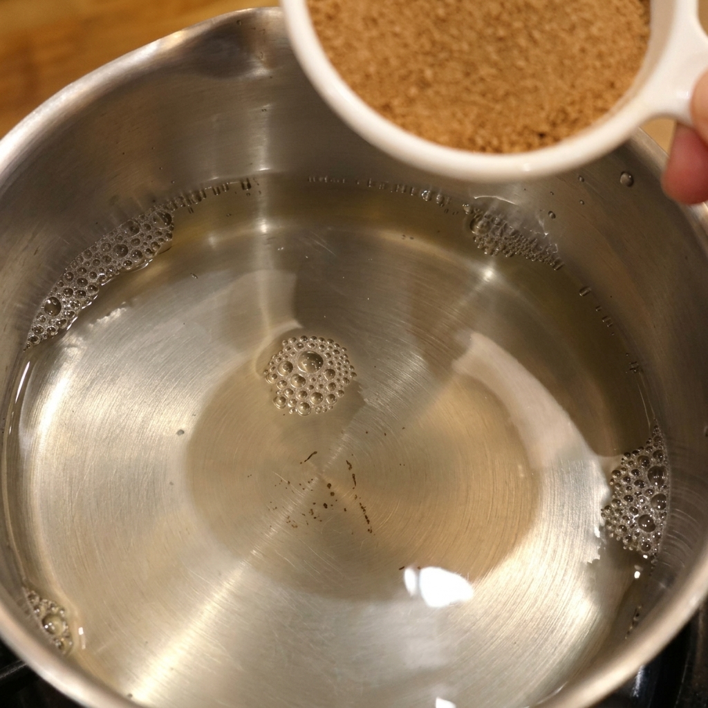 Du sucre roux versé depuis un verre doseur blanc dans une casserole en acier inoxydable remplie de vinaigre de riz limpide.