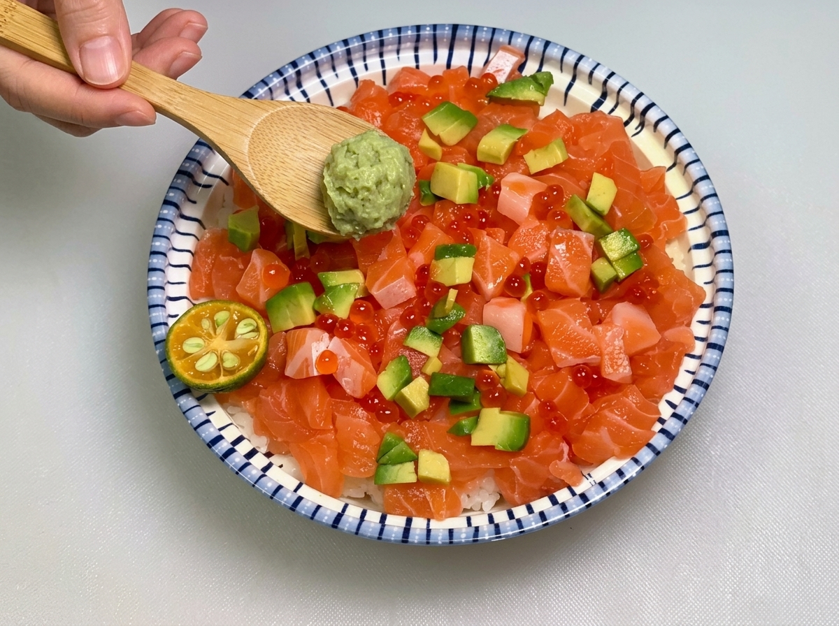Une cuillère en bois déposant une bille de wasabi vert sur un bol de riz au saumon et à lavocat, à côté dun petit morceau de citron vert calamansi coupé.