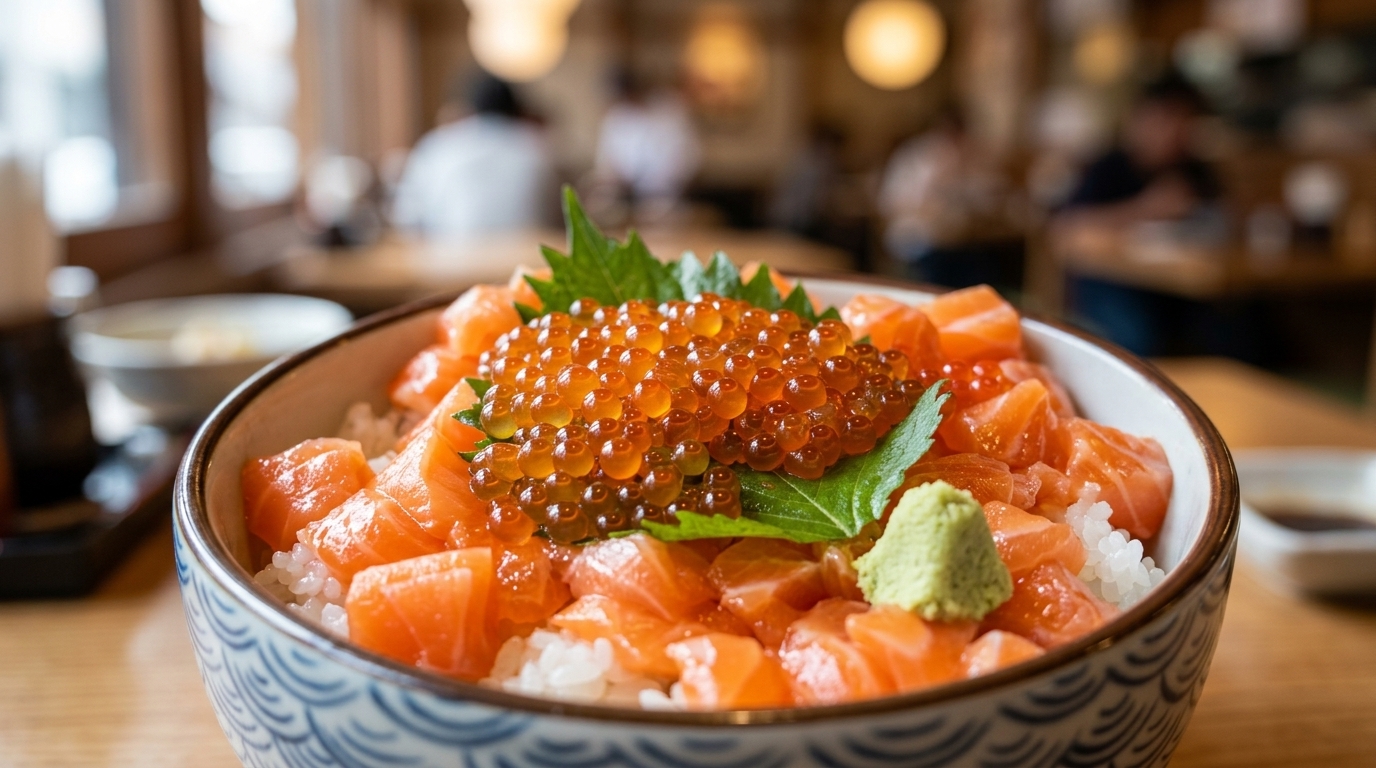 Sake Oyako Don traditionnel : Bol de riz au sashimi de saumon et œufs de saumon