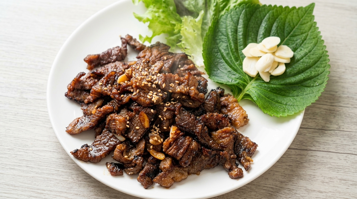 De succulentes tranches de bœuf grillé style Suwon Wang Galbi servies avec des feuilles de pérille fraîches, de la salade et des lamelles dail cru.