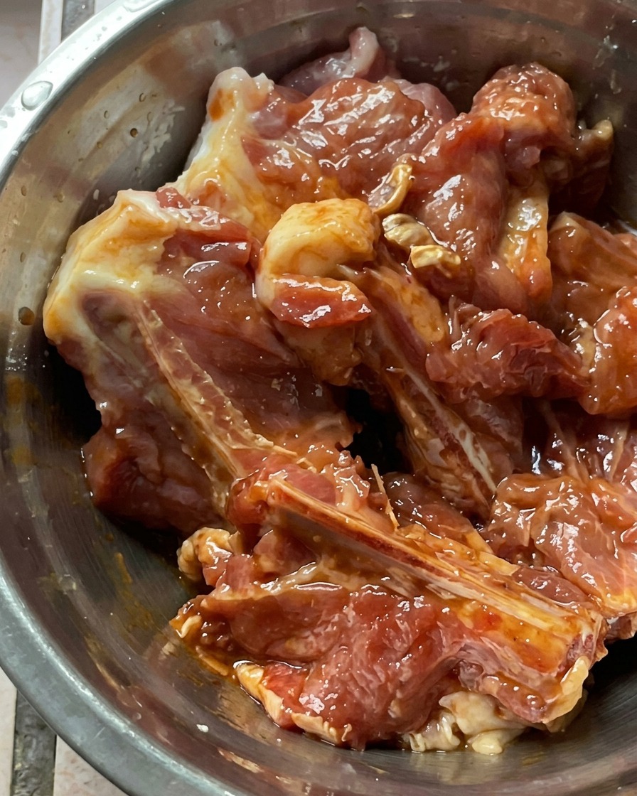 Travers de porc crus mélangés à des sauces sombres et de la fécule dans un bol en acier.