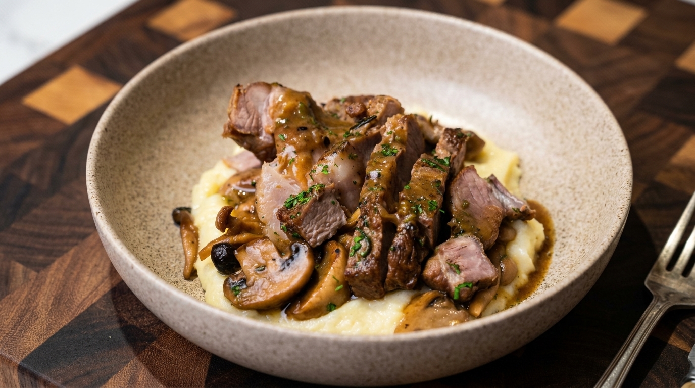 Côtes de porc fondantes aux champignons et leur purée maison