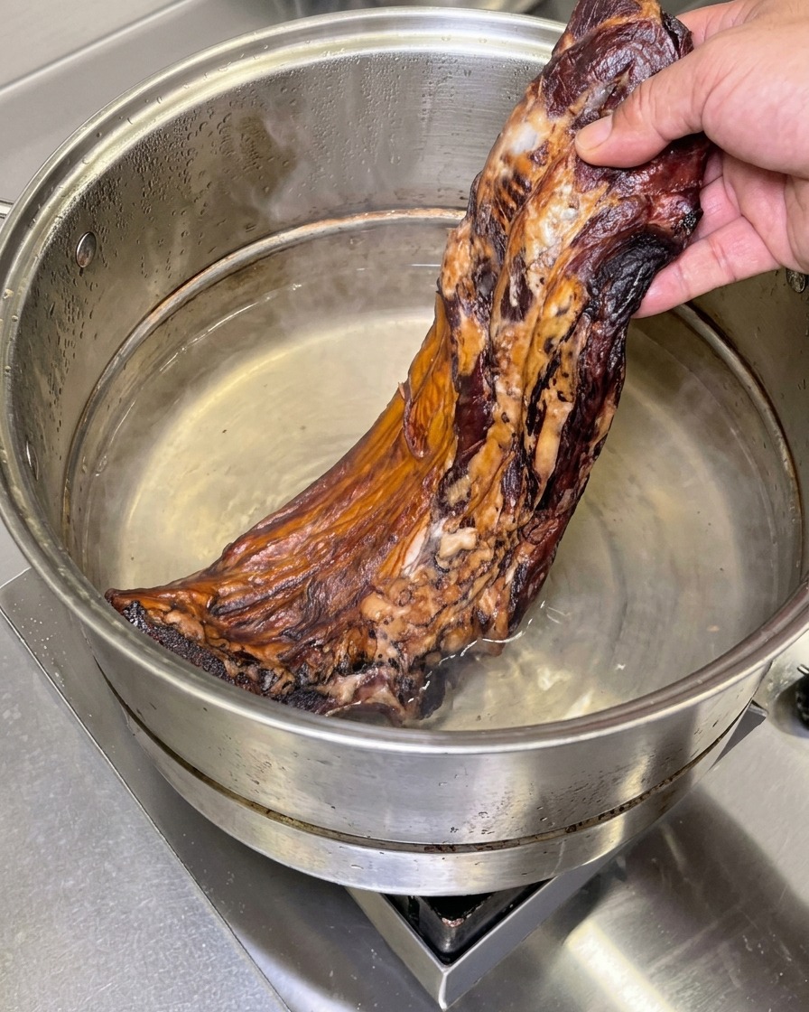 Une main plongeant un morceau entier de travers de porc fumé dans une grande marmite en inox remplie deau froide.