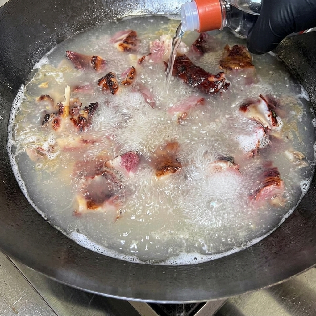 Morceaux de porc bouillonnant dans un wok deau pendant quun alcool fort et transparent est versé depuis une bouteille.