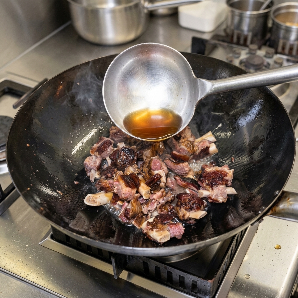 Une louche en métal versant de la sauce soja noire sur les morceaux de porc dans un wok pour leur donner une belle coloration caramélisée.