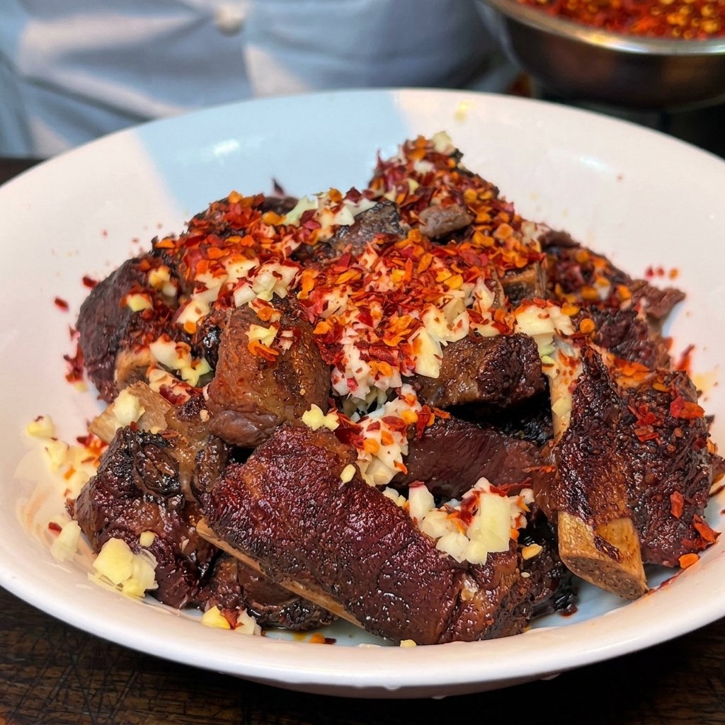 Morceaux de porc dressés dans un bol blanc et recouverts dune couche dail haché, de gingembre et de piment en poudre.