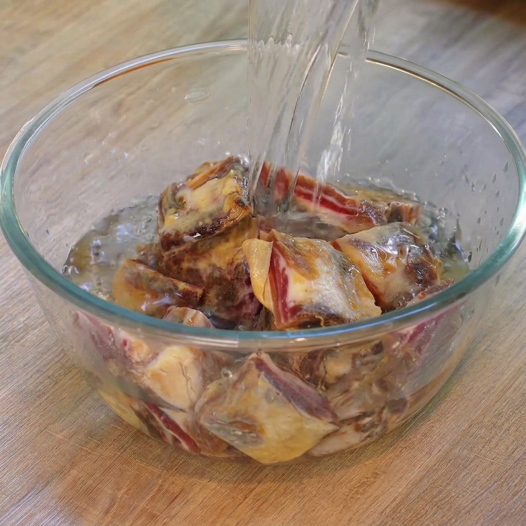 De leau claire est versée dans un grand bol en verre transparent rempli de morceaux de travers de porc séchés.