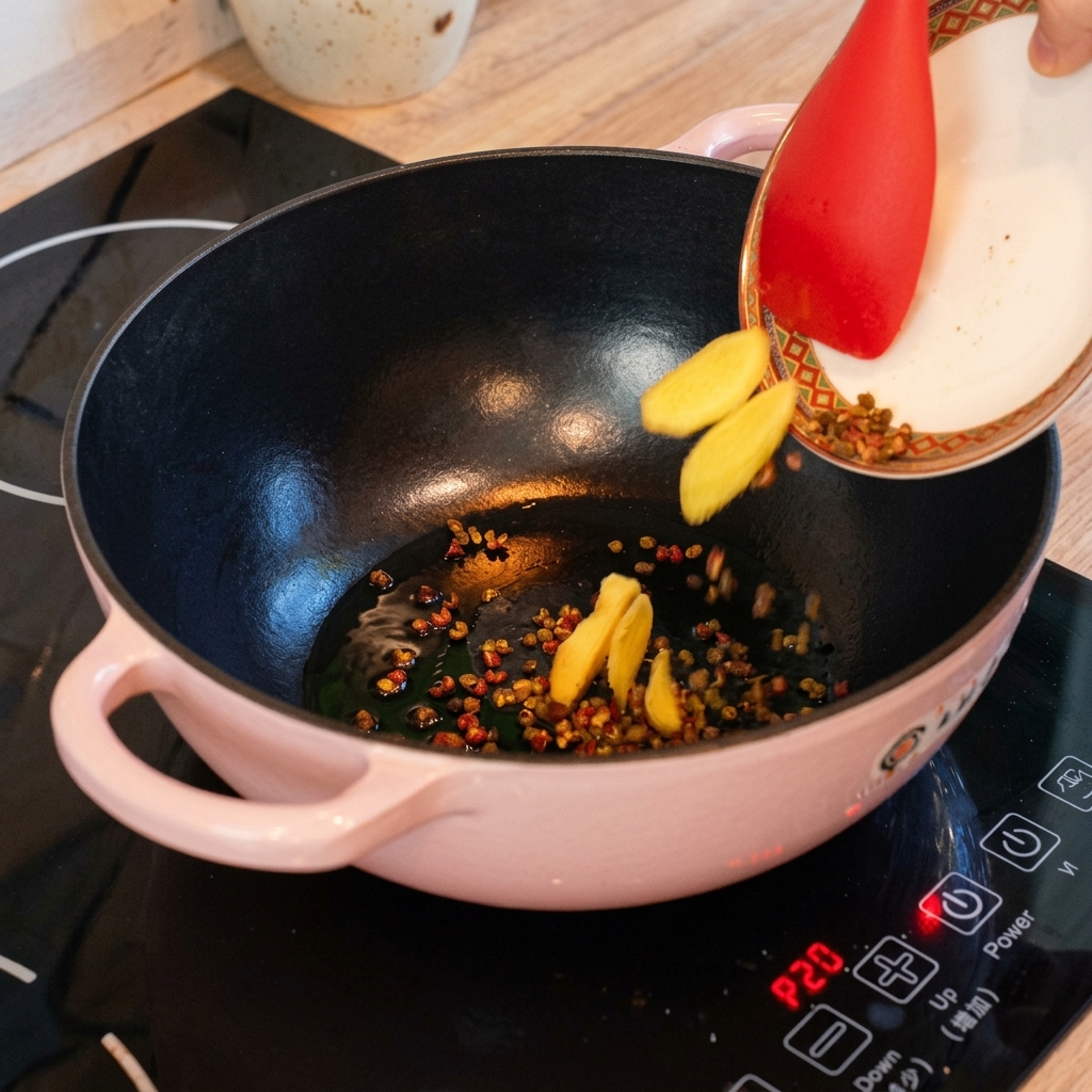 Des tranches de gingembre frais sont ajoutées à laide dune spatule rouge dans une marmite rose contenant de lhuile chaude et des grains de poivre du Sichuan.