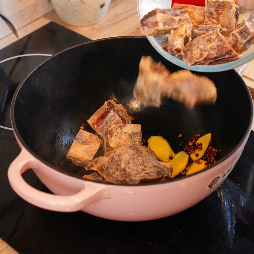 Des morceaux de travers de porc séchés sont versés dun bol en verre dans une marmite rose pour être sautés avec le gingembre et le poivre.