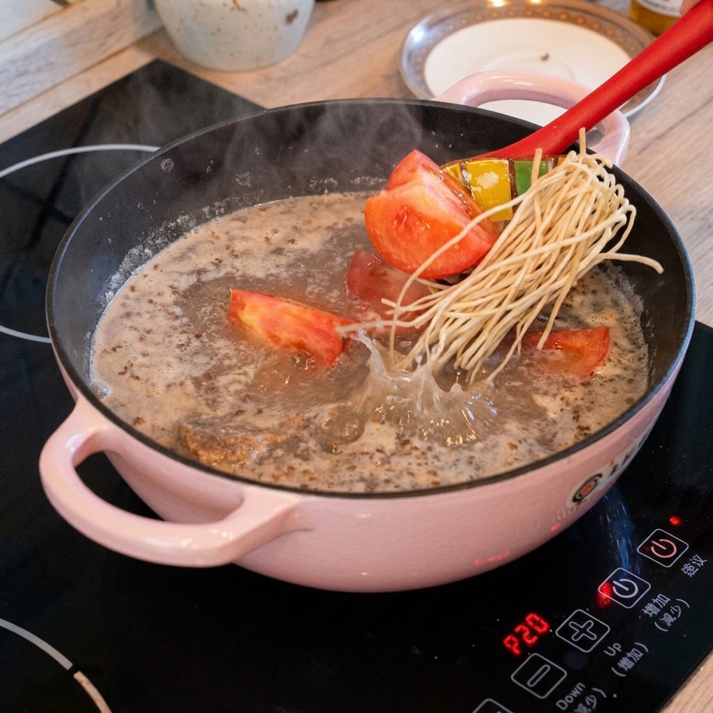 Des quartiers de tomates fraîches et un bouquet de longues racines de ciboule chinoise sont ajoutés dans une marmite bouillante de bouillon au porc séché.