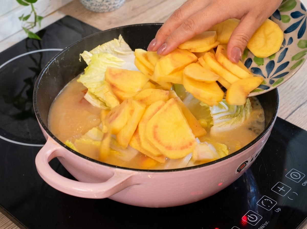 Une main fait glisser des tranches de pommes de terre depuis une assiette décorée dans une marmite rose remplie de bouillon blanc et de chou chinois.
