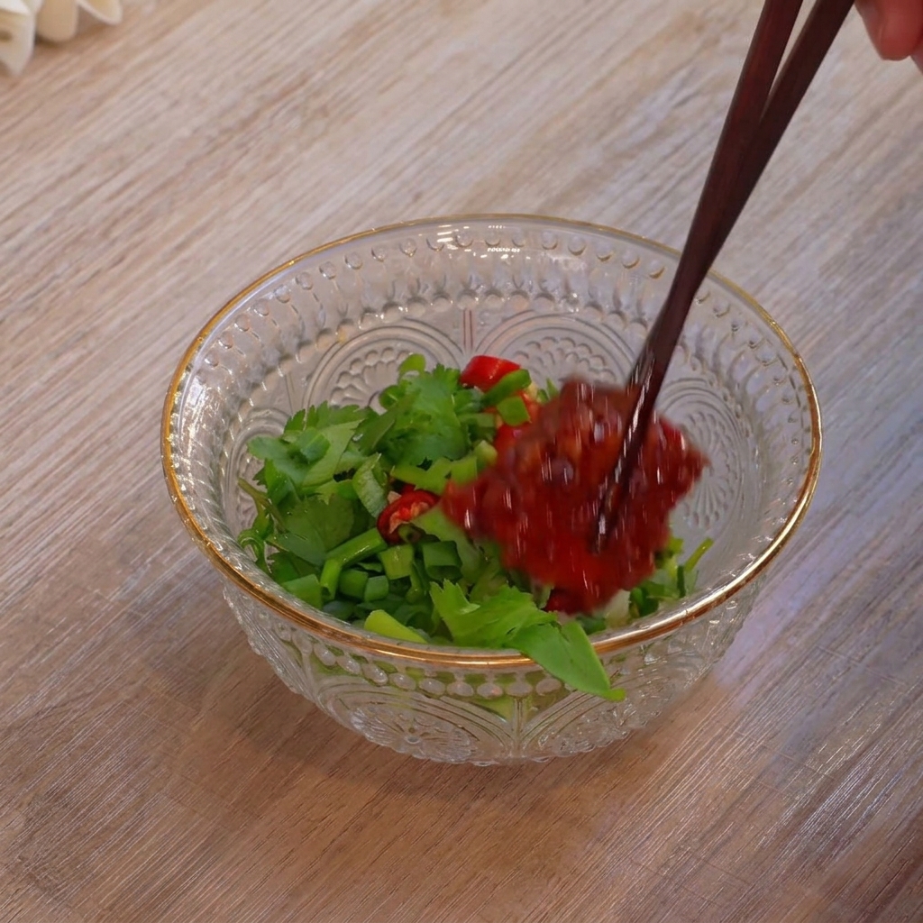 Des baguettes placent un morceau de tofu fermenté rouge dans un bol en verre rempli de coriandre hachée, de cébettes et de piments rouges.