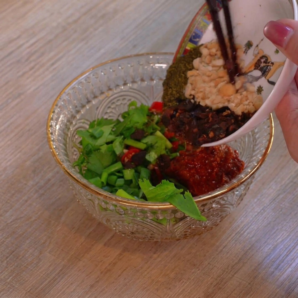 Des cacahuètes écrasées, des flocons de piment grillé et des herbes séchées sont versés dun petit bol en céramique dans un bol en verre contenant la base de sauce.