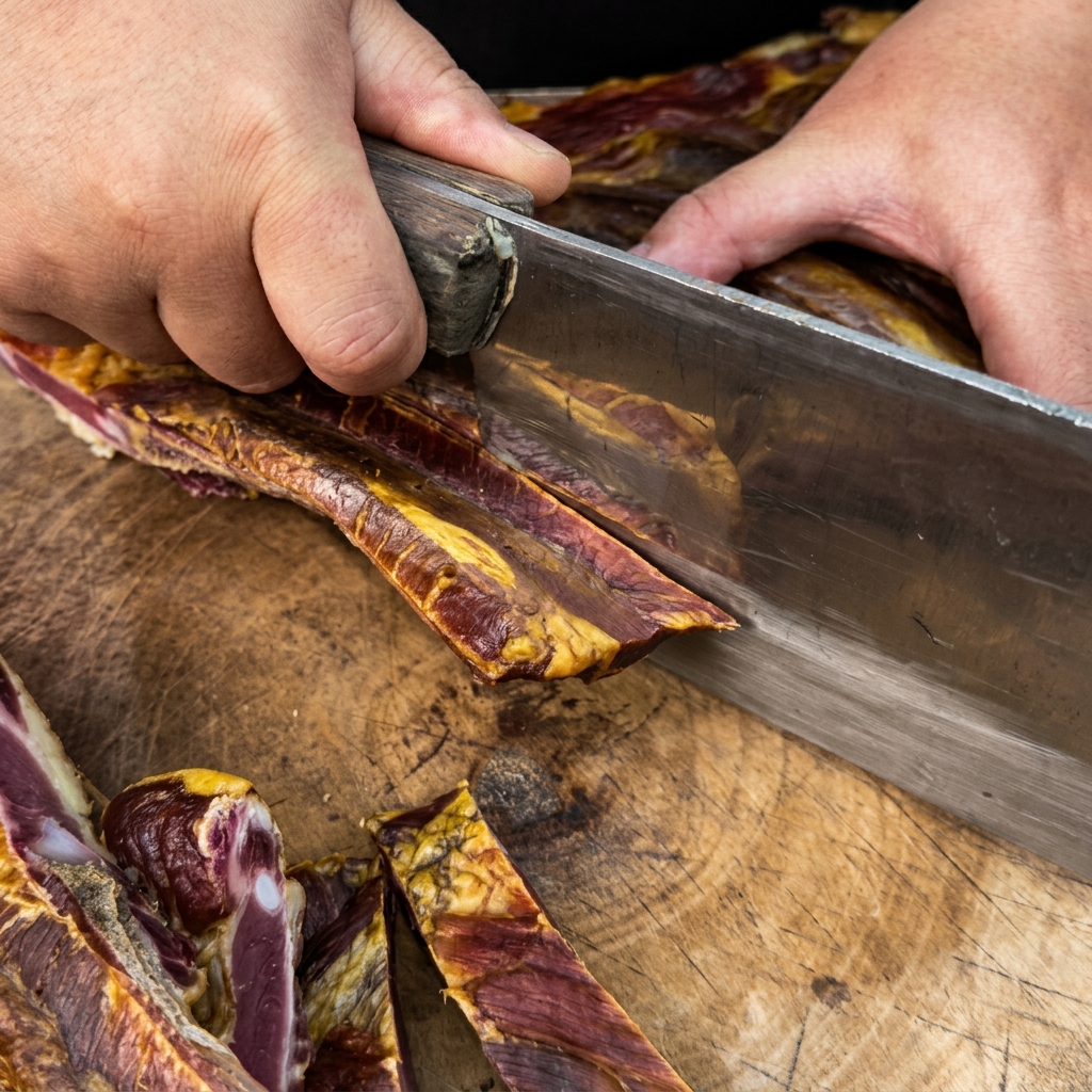 Gros plan sur des mains utilisant un couperet de cuisine lourd pour couper un morceau de travers de porc séché sur une planche en bois.
