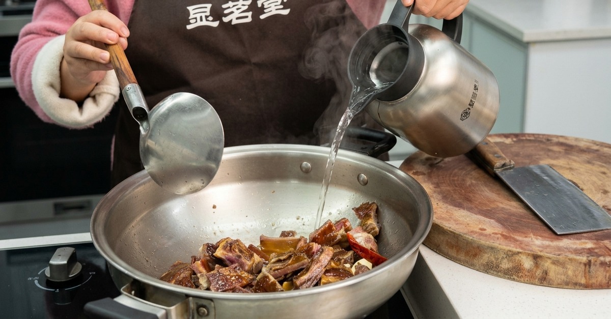 De leau bouillante versée depuis une bouteille isotherme en inox dans un wok rempli de travers de porc et dépices aromatiques.