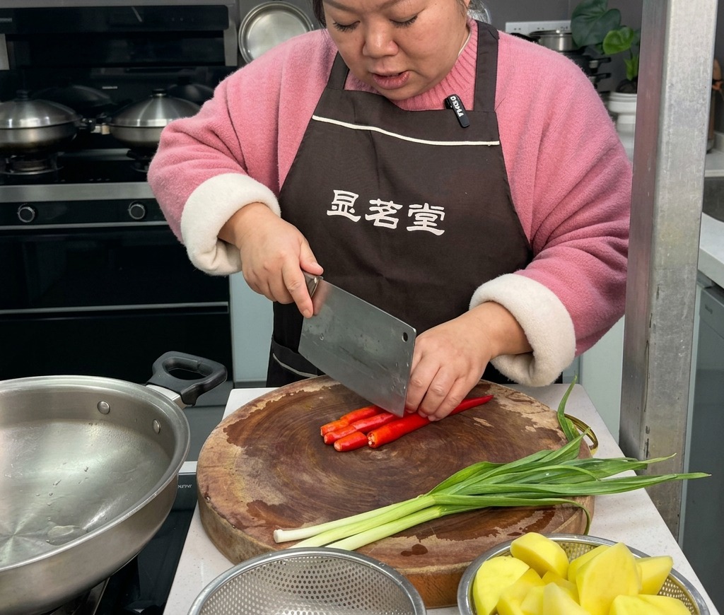 Une femme éminçant des piments rouges frais sur une planche en bois, avec des pousses dail vert disposées à côté.