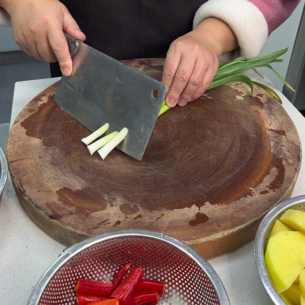 Gros plan sur des mains coupant des pousses dail vert sur une planche en bois, avec des bols de piments et de pommes de terre en arrière-plan.