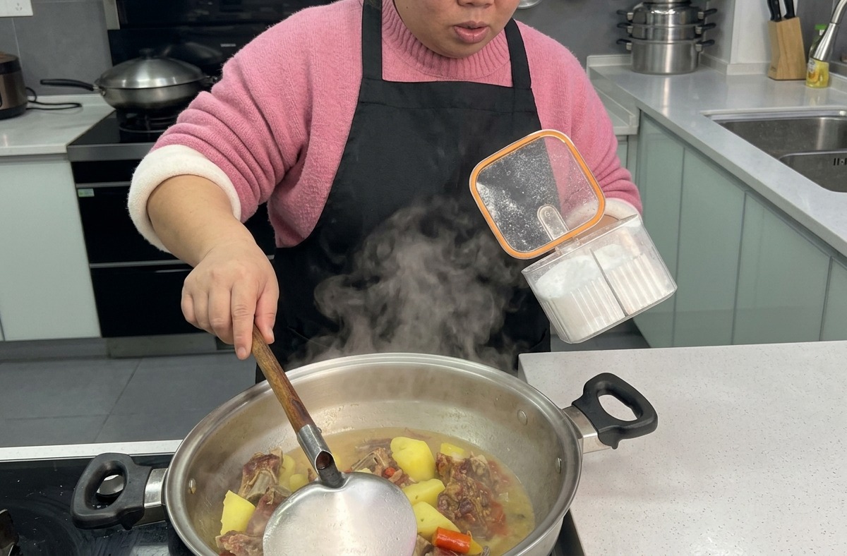 Une femme ajoutant une cuillerée dassaisonnement depuis un récipient transparent dans un wok fumant, tout en remuant avec une grande louche.