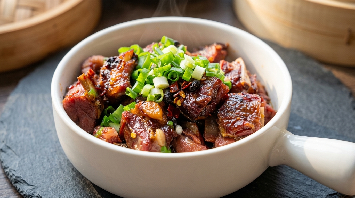 Travers de porc séchés à la vapeur aux haricots noirs style Hunan