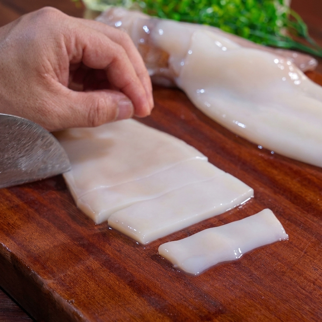 Gros plan sur un couteau de chef coupant un calamar cru bien blanc sur une planche en bois.
