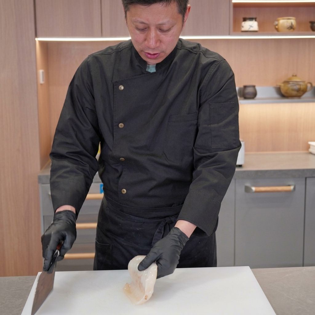 Un chef avec des gants noirs découpant soigneusement un tube de calamar cru et blanc en morceaux sur une grande planche à découper.