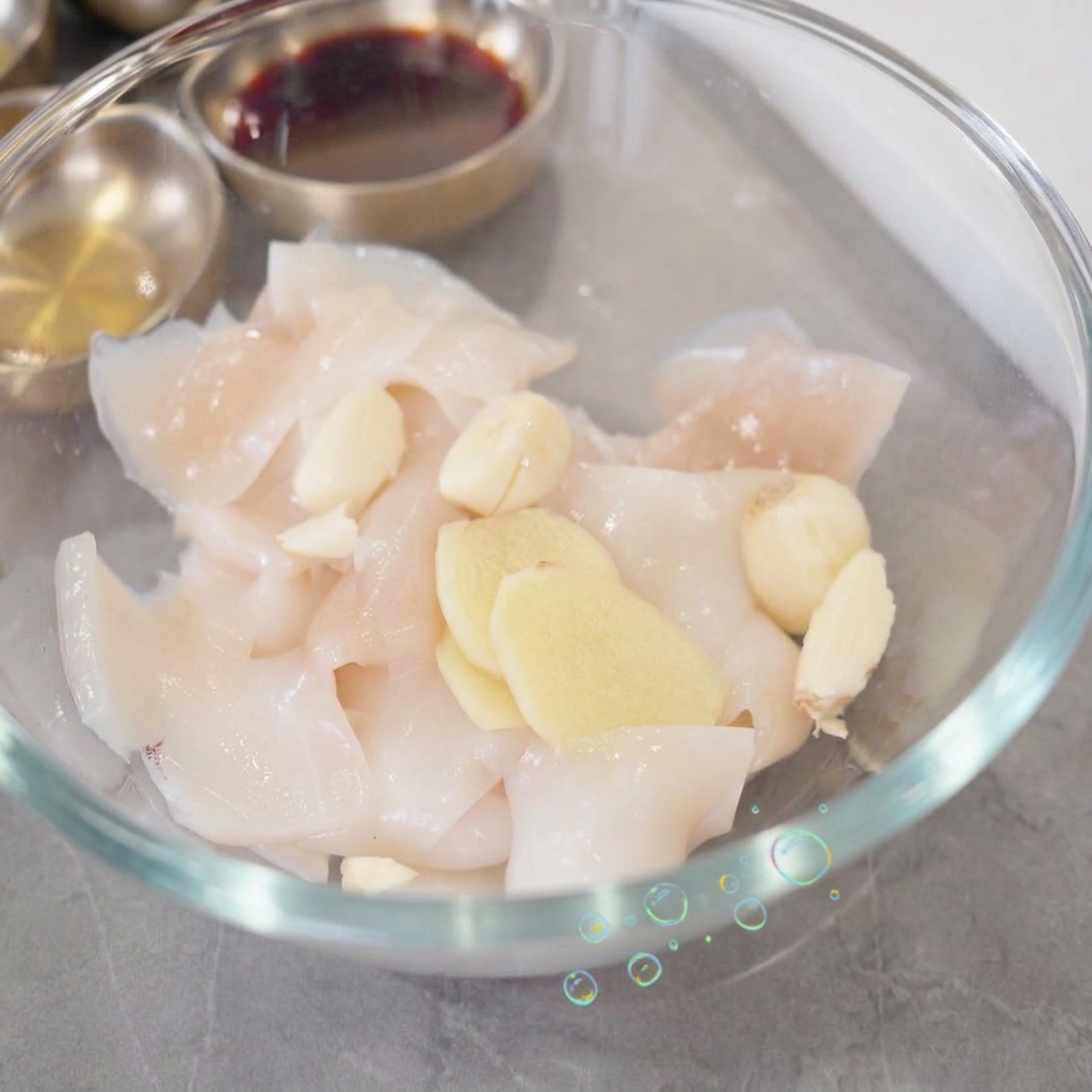 Des tranches de gingembre frais et des gousses dail entières posées sur des morceaux de calamar cru dans un bol en verre transparent alors que lon verse de la sauce soja.