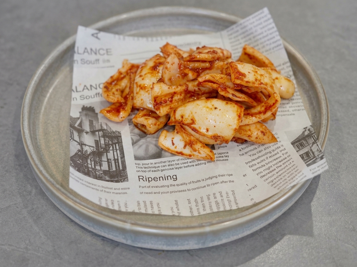 Morceaux de calamar grillés et assaisonnés disposés sur une assiette de service recouverte dun papier sulfurisé imprimé.