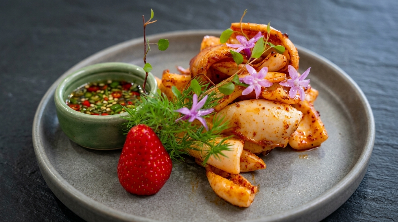 Calamar Croustillant Façon Grillage au Charbon et sa Sauce Piquante aux Agrumes