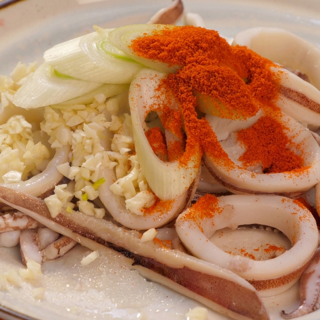 Anneaux de calmar blanchis sur une assiette, garnis dail haché, doignons verts émincés et dune grande cuillérée de piment rouge en poudre.