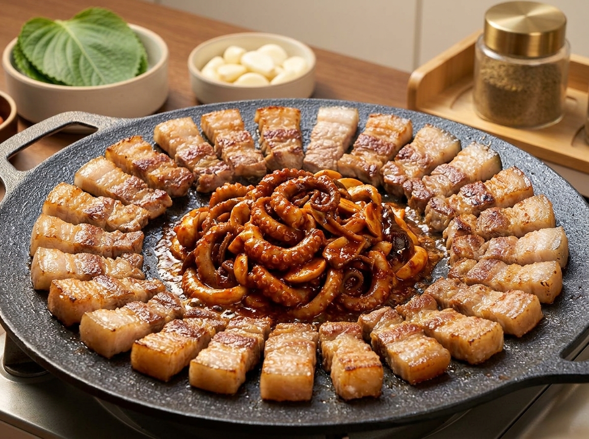 Une plaque teppanyaki ronde avec des tranches de poitrine de porc saisie disposées en cercle sur le bord et une pile de calmar mariné épicé et doignons au centre.