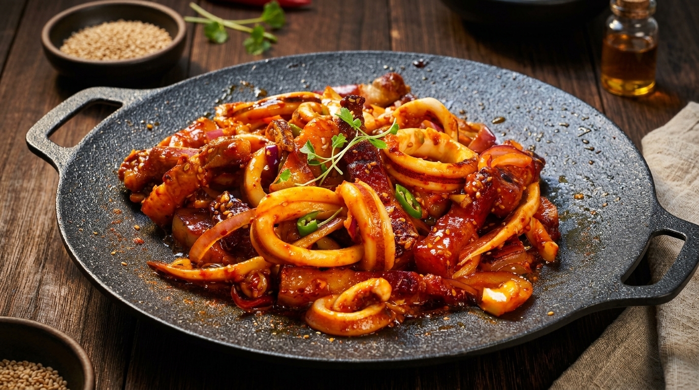 Calmar et Poitrine de Porc Épicés au Teppanyaki Coréen (Osam Bulgogi)