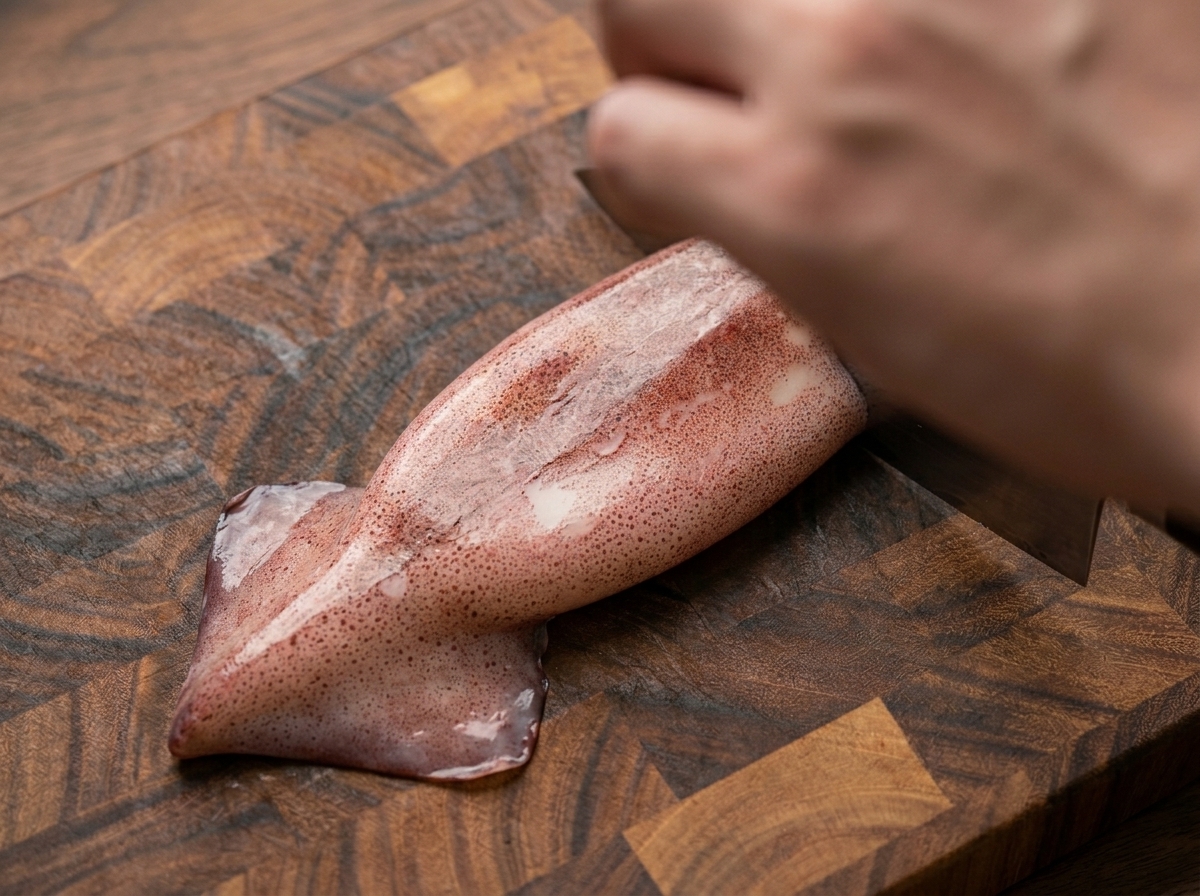 Une main utilisant un couteau de cuisine pour couper un calamar frais en anneaux sur une planche en bois.
