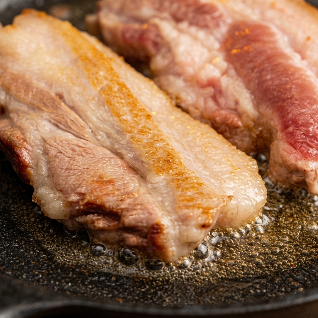 Tranches épaisses de poitrine de porc saisies sur une plaque en fonte chaude, avec du gras fondu crépitant autour de la viande dorée.